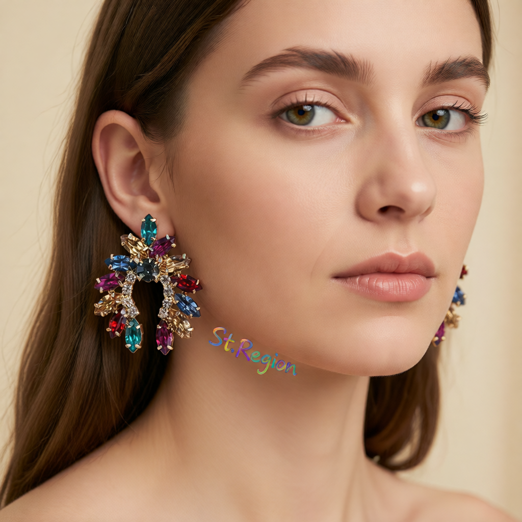 Rainbow Crystal & Cubic Zirconia Curved Stud Earrings