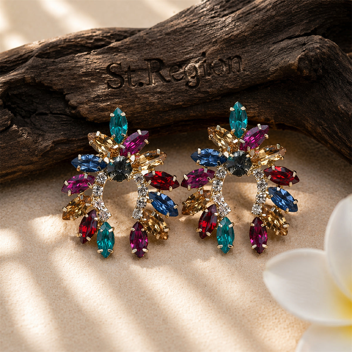 Rainbow Crystal & Cubic Zirconia Curved Stud Earrings