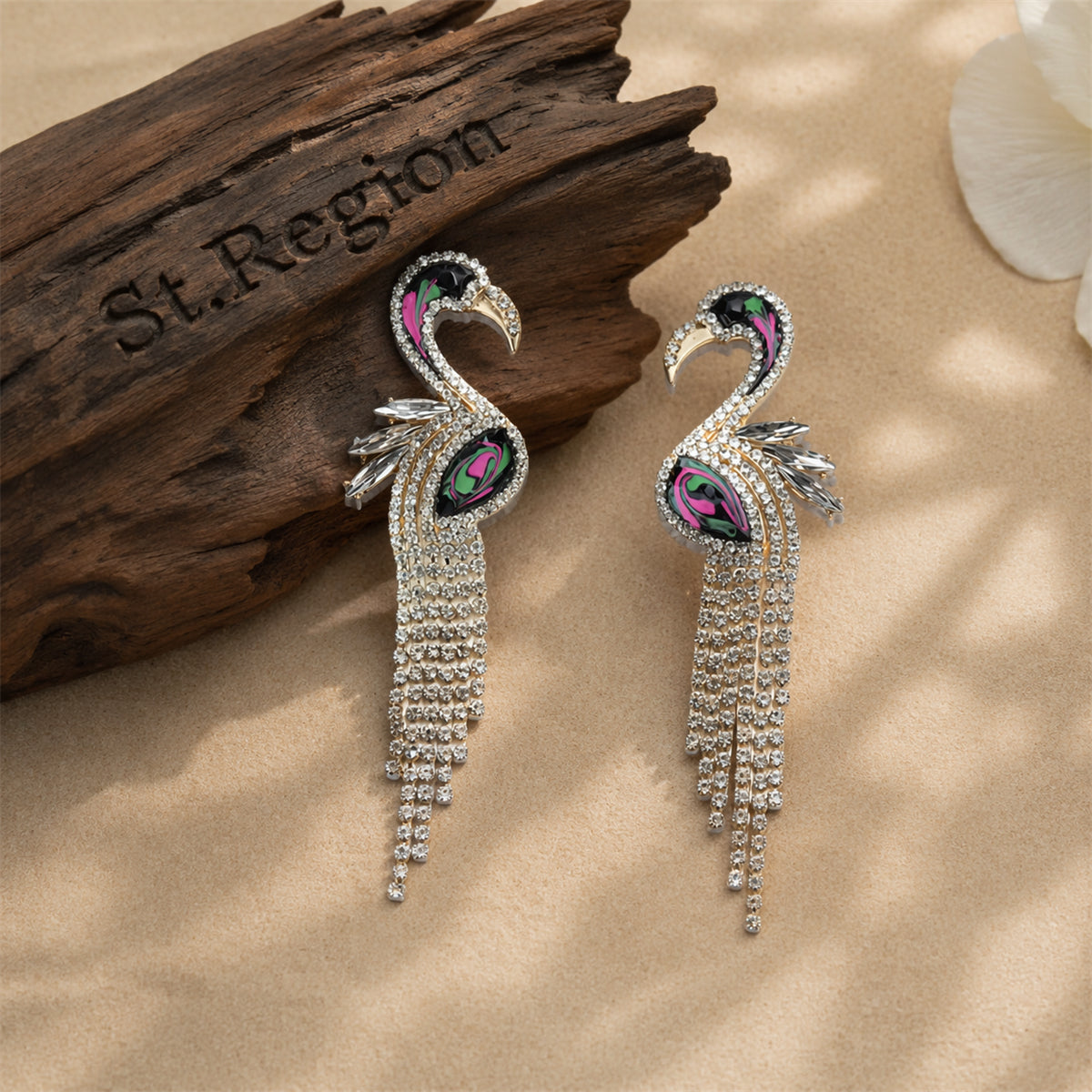 Cubic Zirconia & Enamel Goldtone Flamingo Drop Earrings