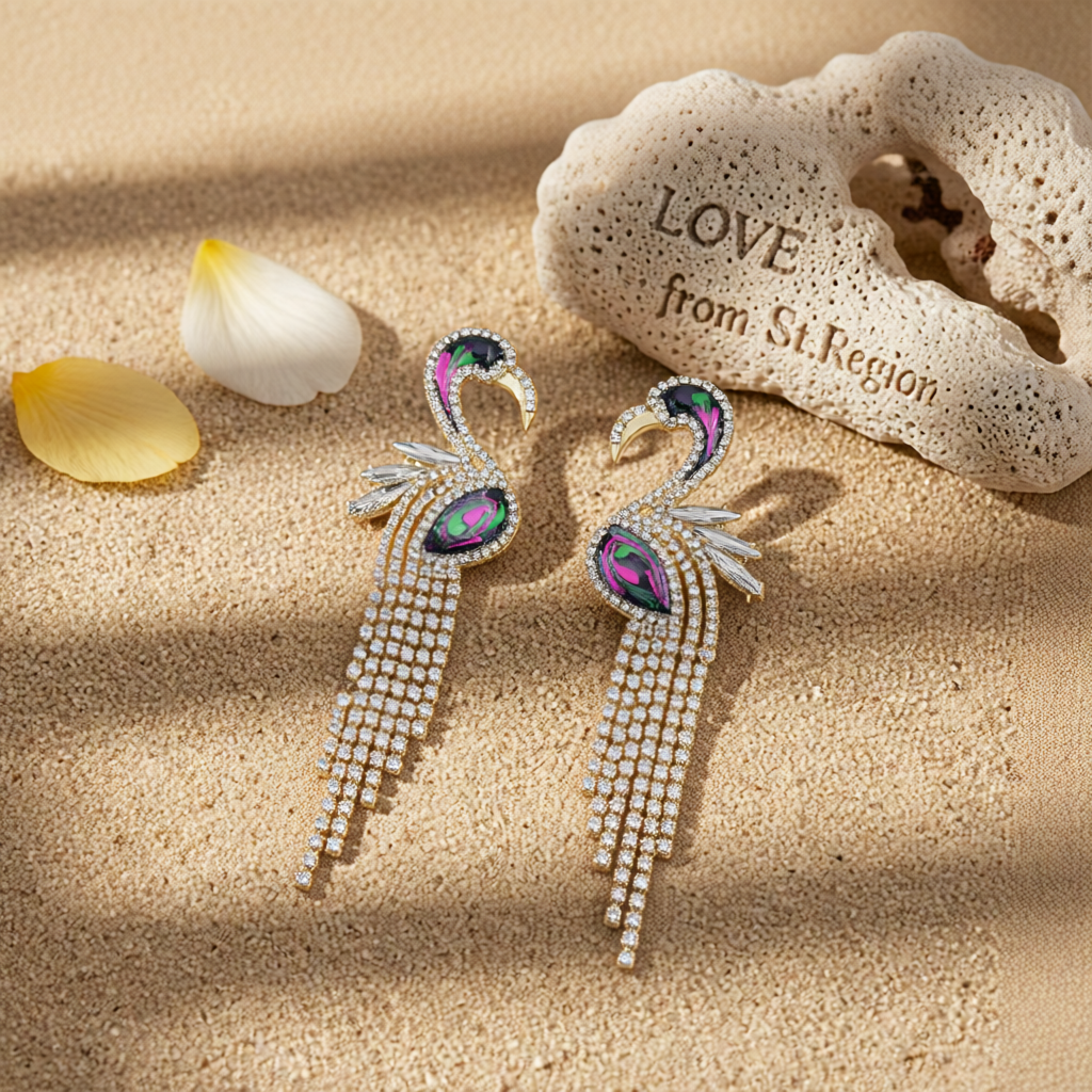 Cubic Zirconia & Enamel Goldtone Flamingo Drop Earrings