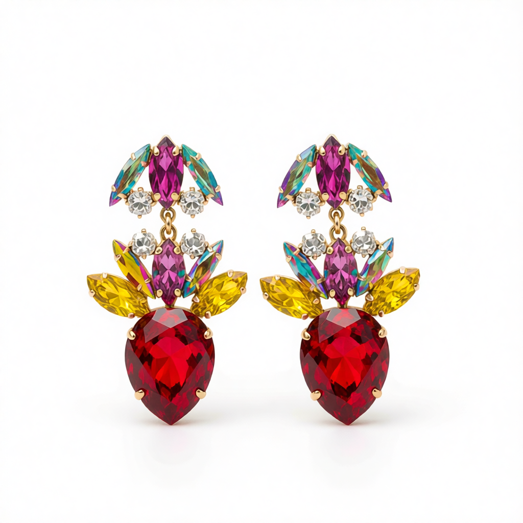 Red Crystal & Cubic Zirconia Double Drop Earrings