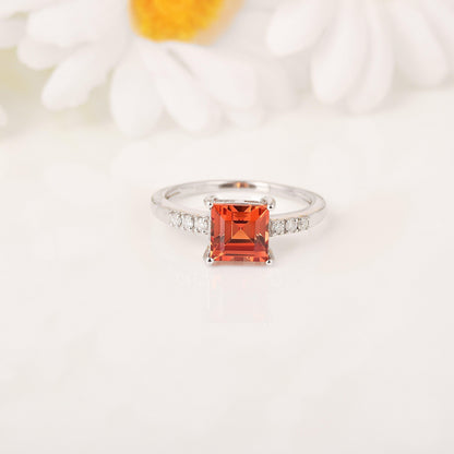 1.65 Ct Square Lab Created Peach Sapphire and Moissanite Prong Silver Cocktail Ring