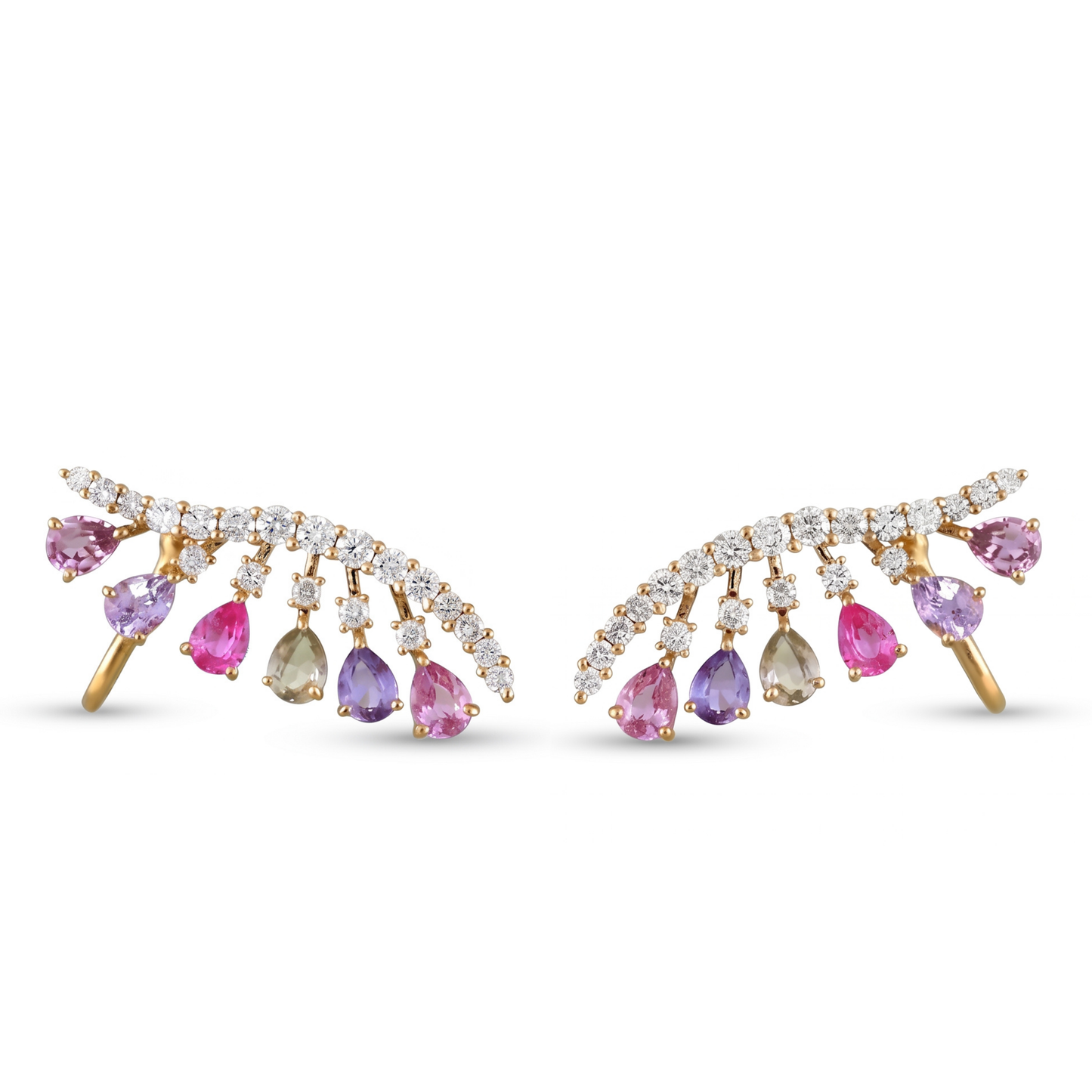 IGI Certified 2.01 Ct Pear Multi Color Unheated Sapphire and Diamond 14K Yellow Gold Ear Crawler Earrings