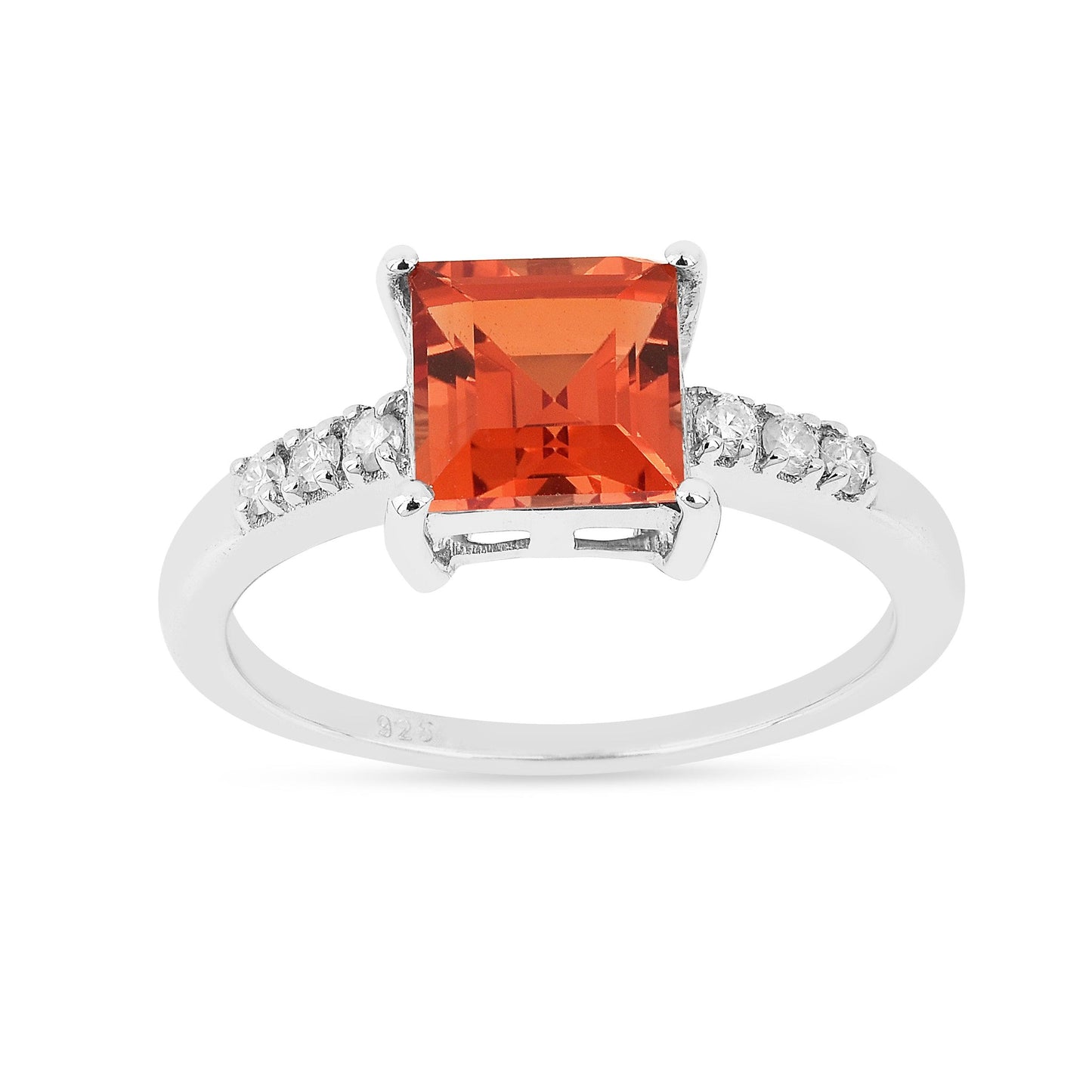 1.65 Ct Square Lab Created Peach Sapphire and Moissanite Prong Silver Cocktail Ring