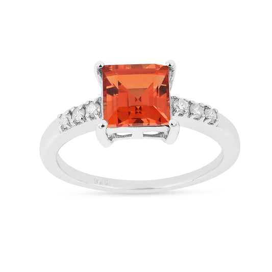 1.65 Ct Square Lab Created Peach Sapphire and Moissanite Prong Silver Cocktail Ring