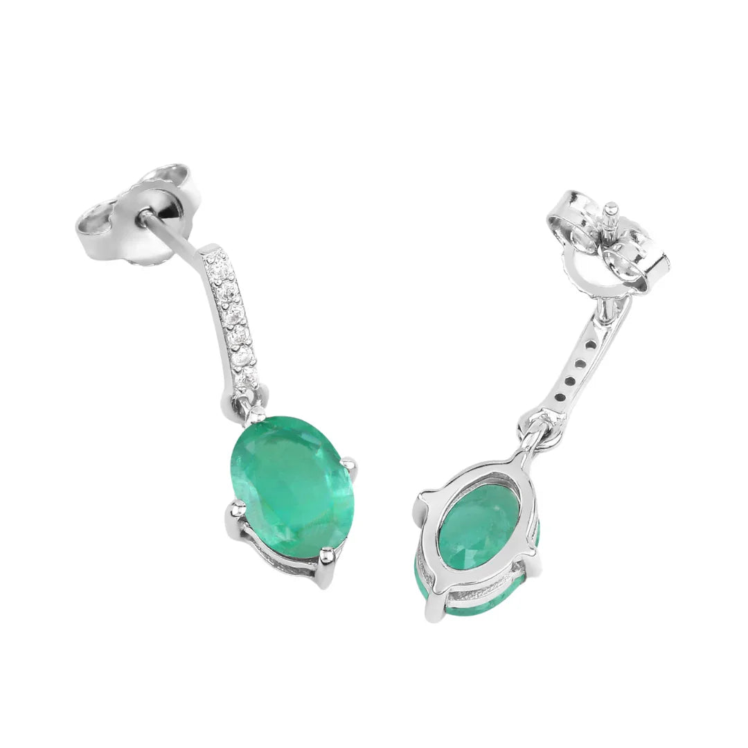 1.44 Ct Oval Green Zambian Emerald Diamond Prong 10K Gold Dangle Earrings