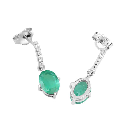 1.44 Ct Oval Green Zambian Emerald Diamond Prong 10K Gold Dangle Earrings