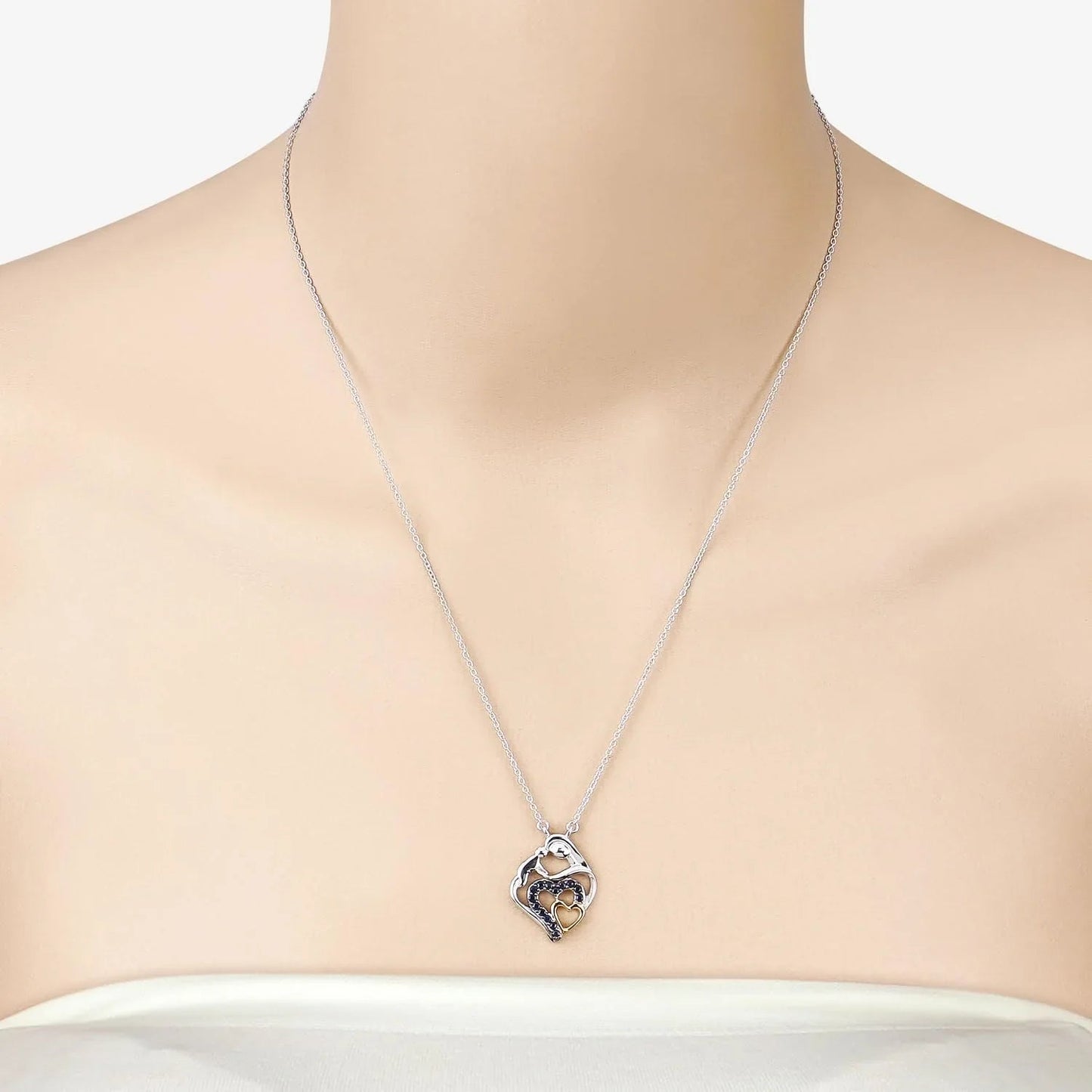 Round Blue Sapphire Prong Silver Double Heart Pendant Necklace