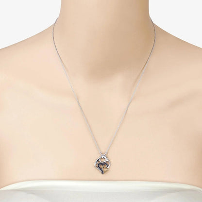 Round Blue Sapphire Prong Silver Double Heart Pendant Necklace
