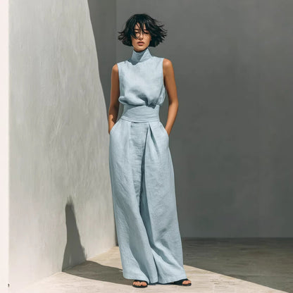 Women's Linen-Blend High-Neck Sleeveless Top & Wide-Leg Pants Set