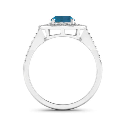 Genuine White Diamond and London Blue Topaz Halo Pave Ring