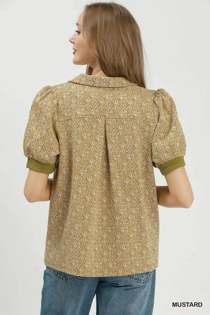 Umgee Printed Collared Puff Sleeve Top