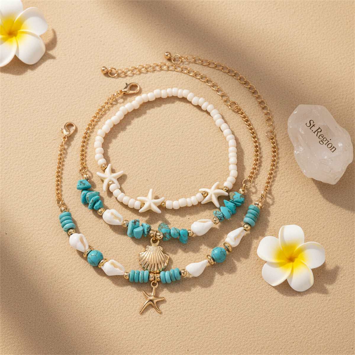Turqouise & White Howlite Shell Goldtone Sea Lives Charm Anklet Set