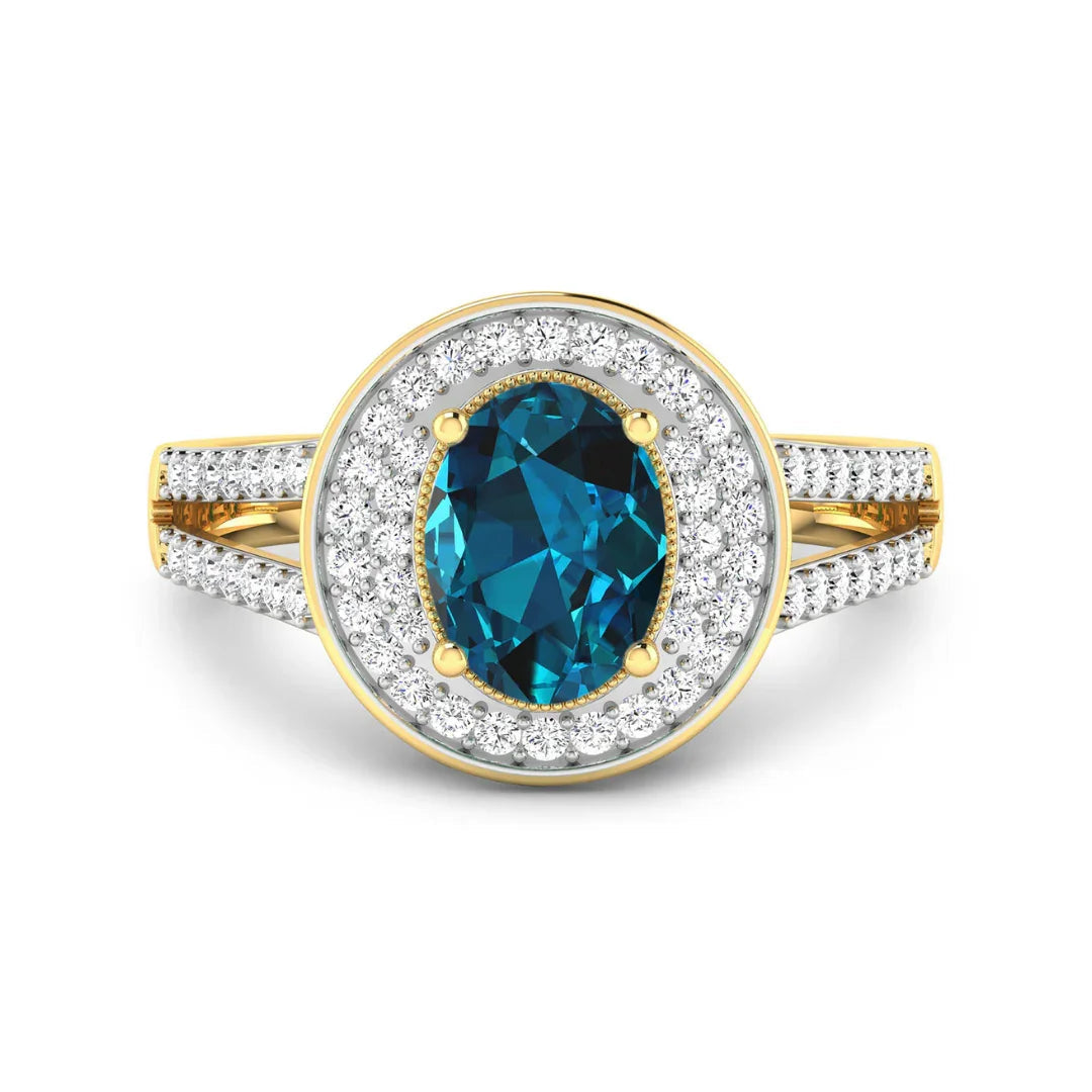 Genuine White Diamond and London Blue Topaz Halo Pave Ring