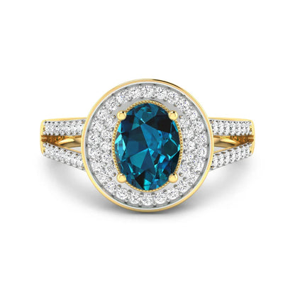 Genuine White Diamond and London Blue Topaz Halo Pave Ring