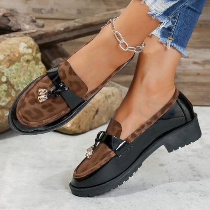 Women's Korean Style Leopard Print Buckle Loafers – Mid-Heel Non-Slip Casual Shoes