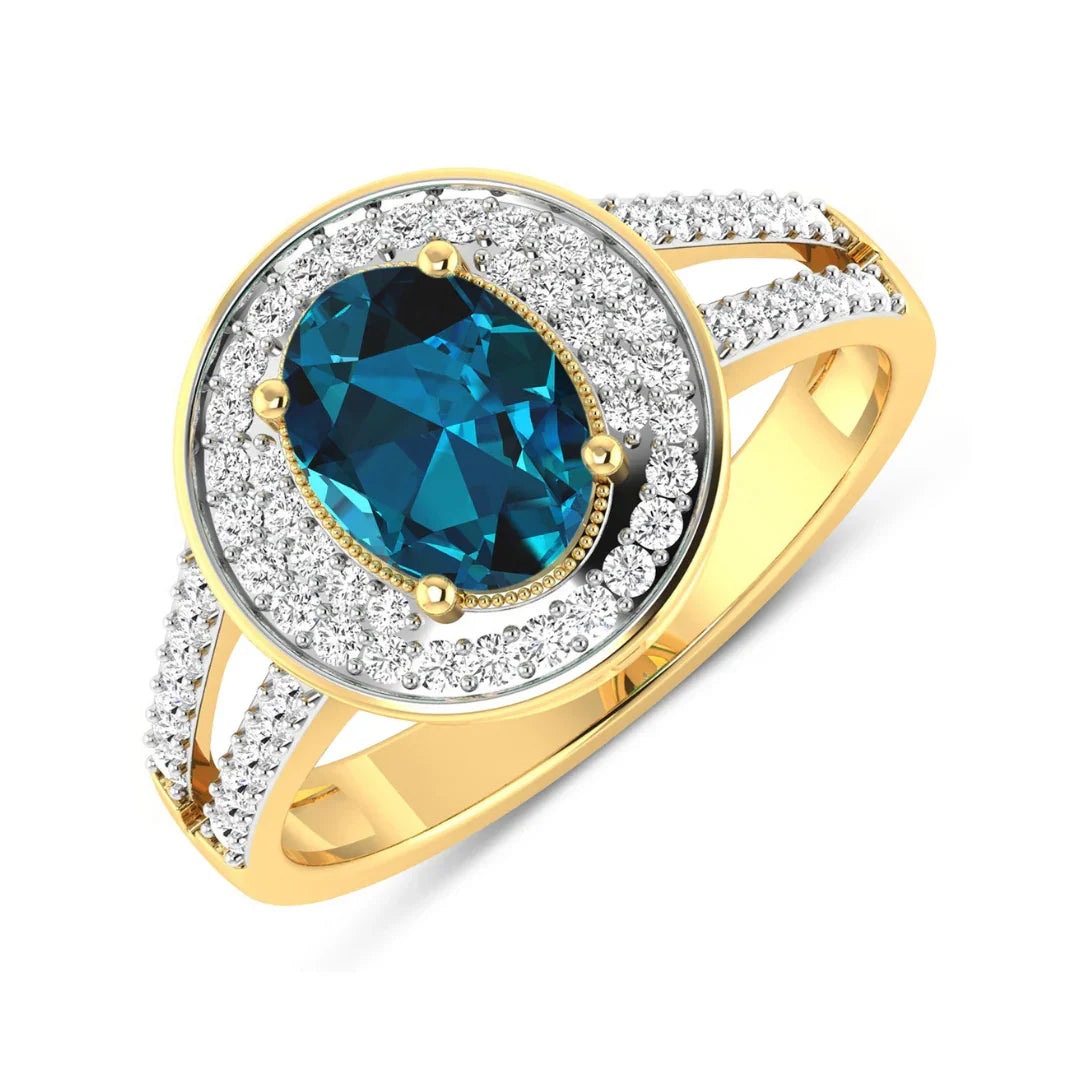 Genuine White Diamond and London Blue Topaz Halo Pave Ring