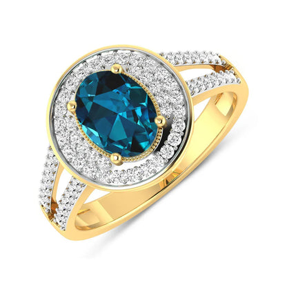 Genuine White Diamond and London Blue Topaz Halo Pave Ring