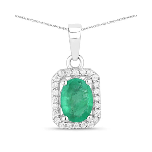 Genuine 10K Zambian Emerald and Diamond Halo Pendant