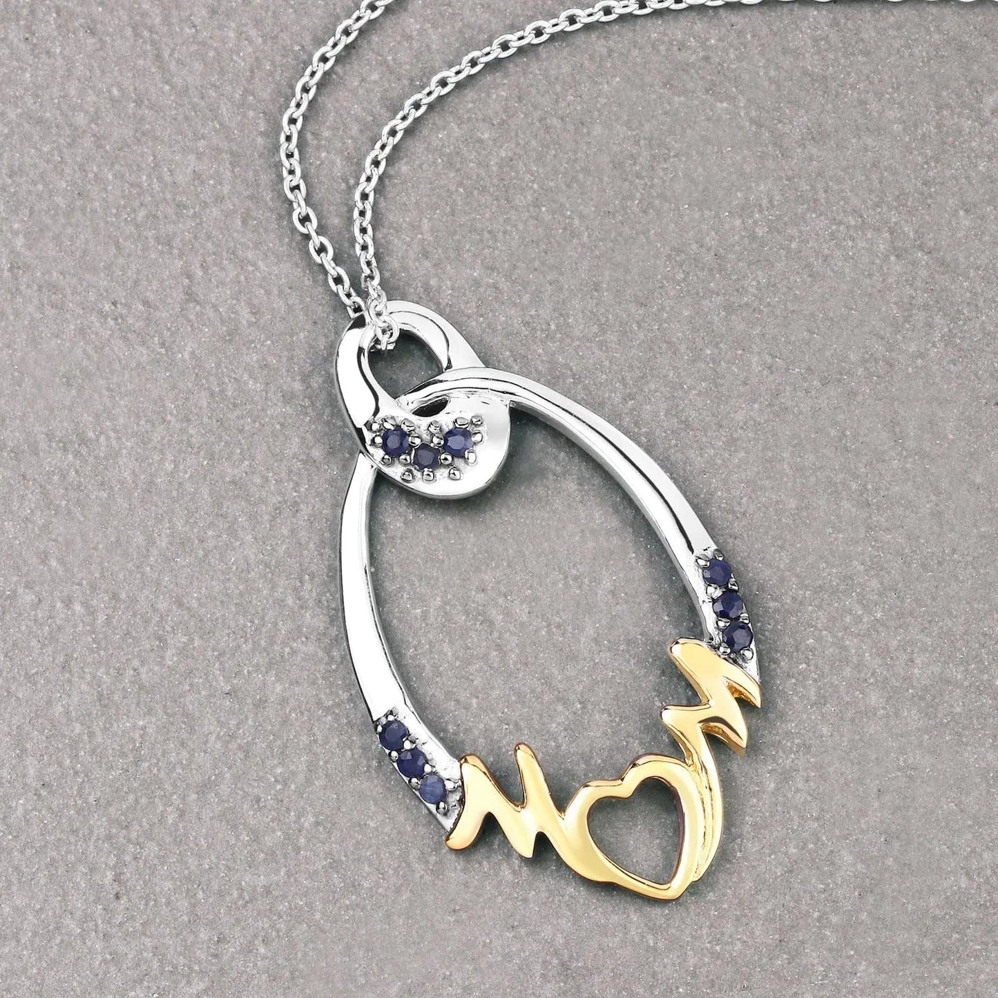 Round Blue Sapphire Prong Silver Mom Pendant Necklace