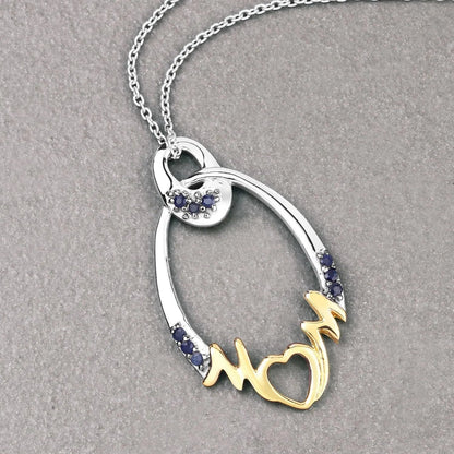 Round Blue Sapphire Prong Silver Mom Pendant Necklace