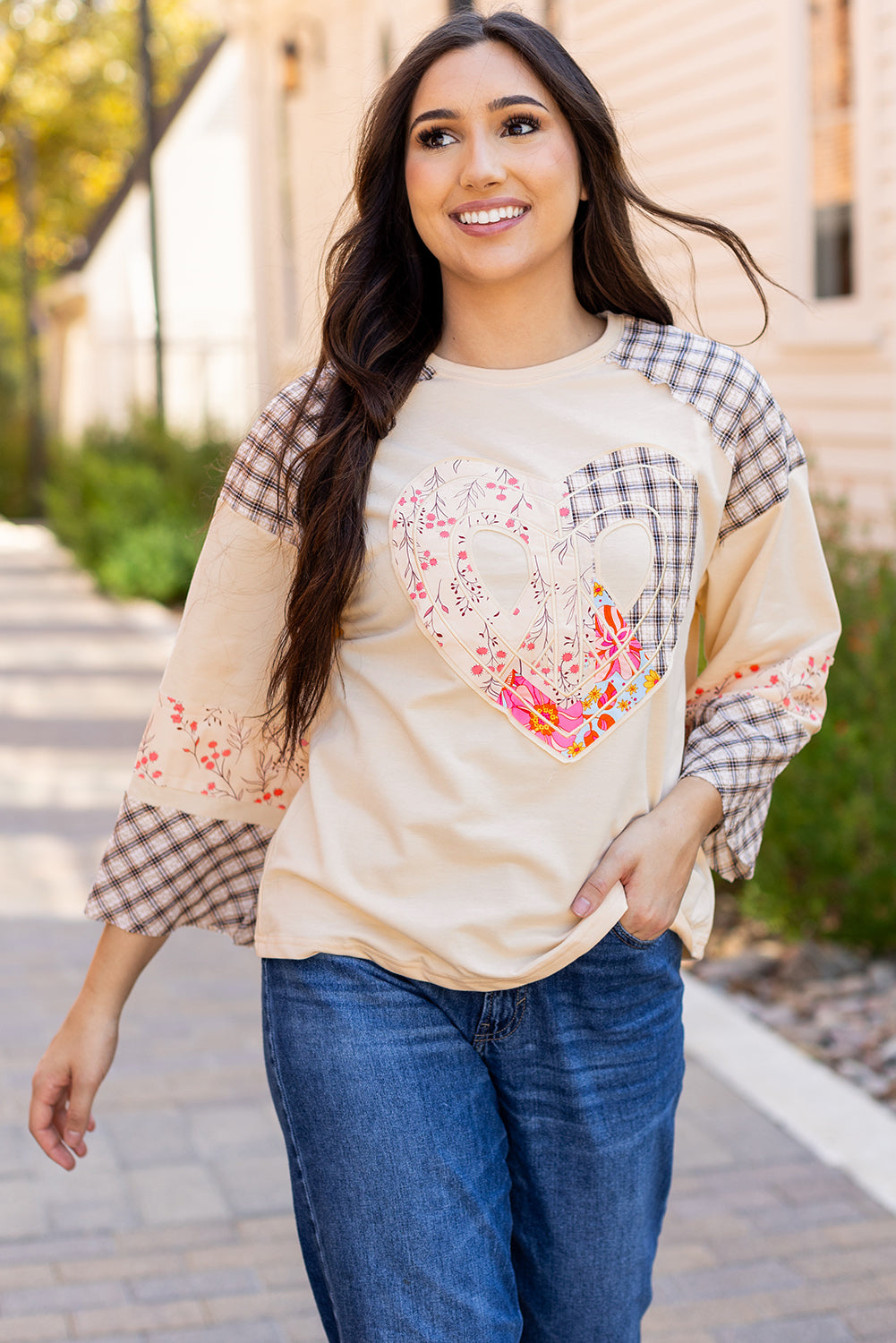 Emilia Plaid Floral Peace Heart Long Sleeve Top by Threaded Pear