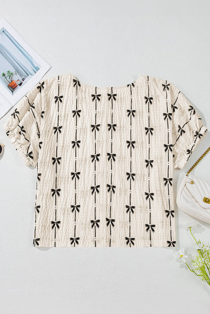 Threaded Pear Aviana Bow Print Puff Short Sleeve Top