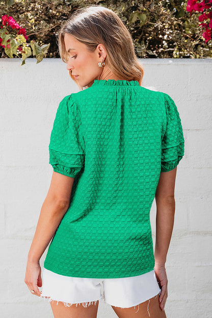 Threaded Pear Kalani Textured Puff Short Sleeve Notched V Neck Top