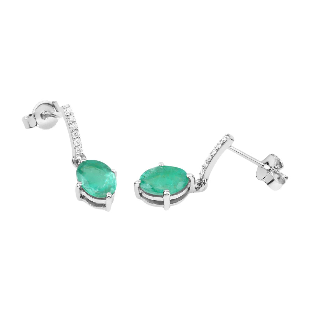 1.44 Ct Oval Green Zambian Emerald Diamond Prong 10K Gold Dangle Earrings