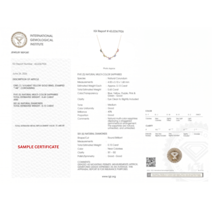 IGI Certified 1.80 Ct Multi Color Unheated Sapphire and Diamond 14K Yellow Gold Curved Necklace