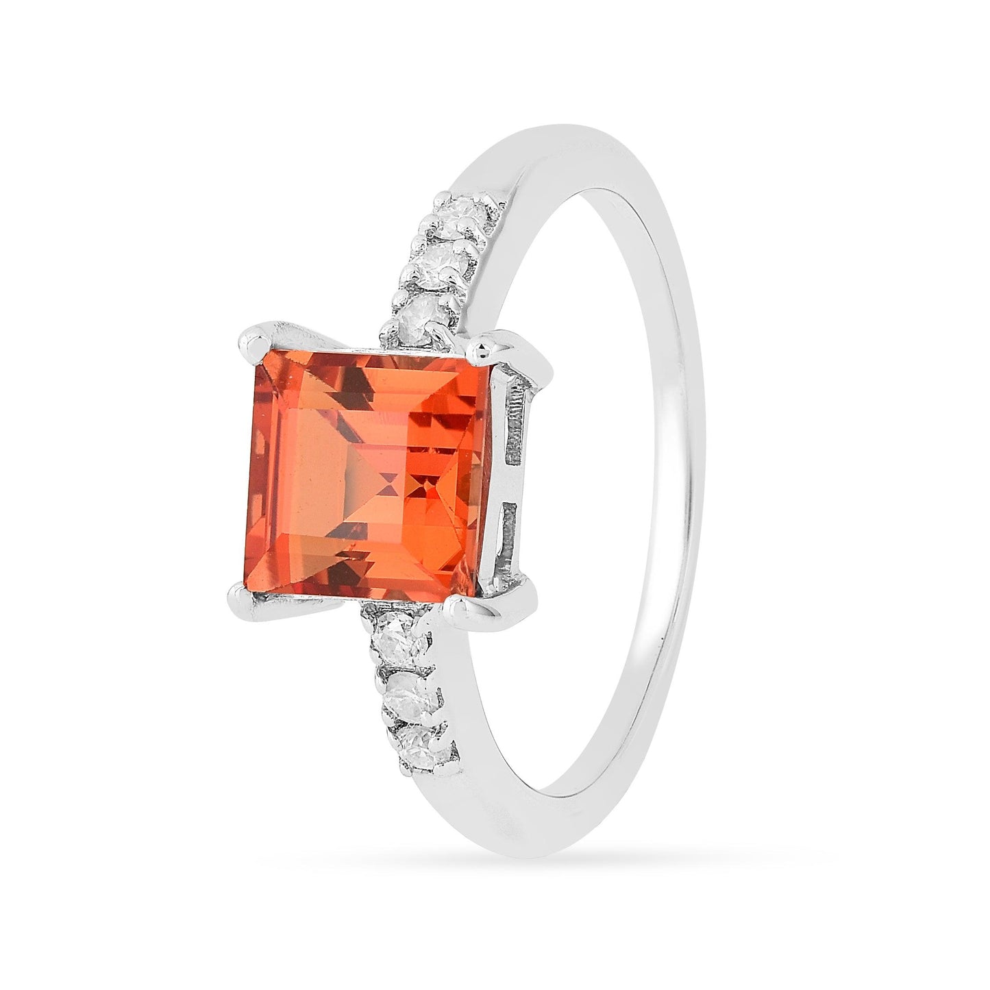 1.65 Ct Square Lab Created Peach Sapphire and Moissanite Prong Silver Cocktail Ring