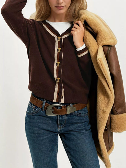 Striped Trim Button-Down Cardigan