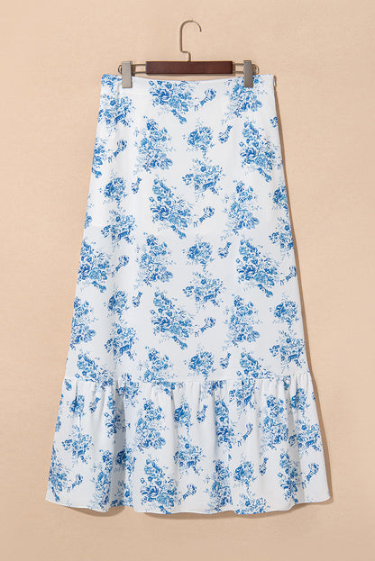 Threaded Pear Salma Boho Floral High Waist Ruffle Split Maxi Skirt