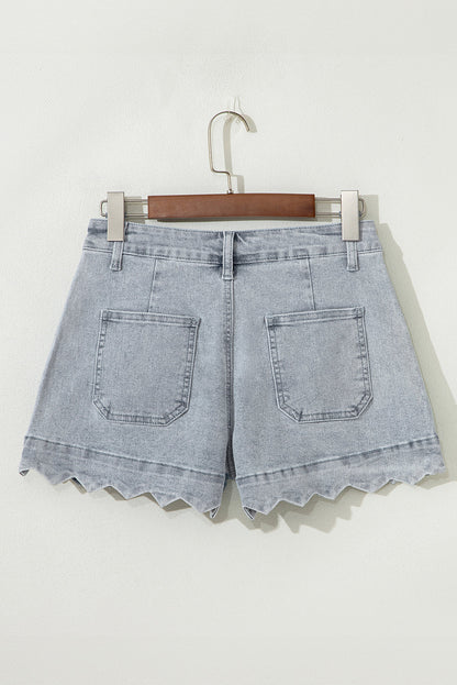 Threaded Pear Scalloped Acid Wash High Waist Denim Shorts