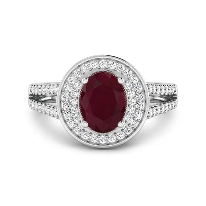 1.84 Ct Oval Cut Pink Ruby and White Diamond Halo Pave Ring
