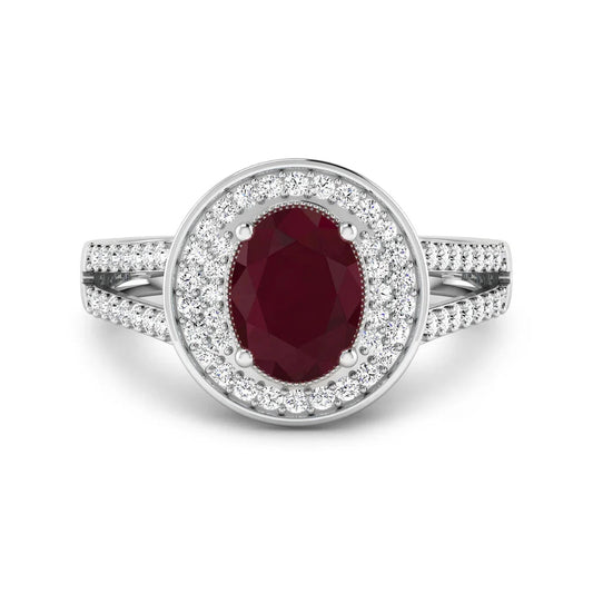 1.84 Ct Oval Cut Pink Ruby and White Diamond Halo Pave Ring