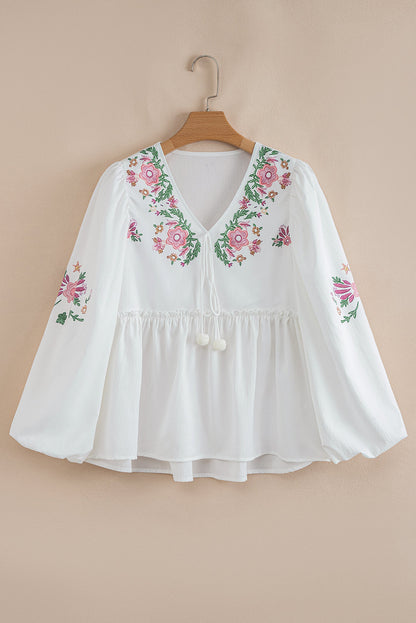 Threaded Pear Skylar Flower Lace-up Babydoll Blouse