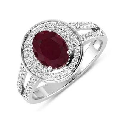 1.84 Ct Oval Cut Pink Ruby and White Diamond Halo Pave Ring