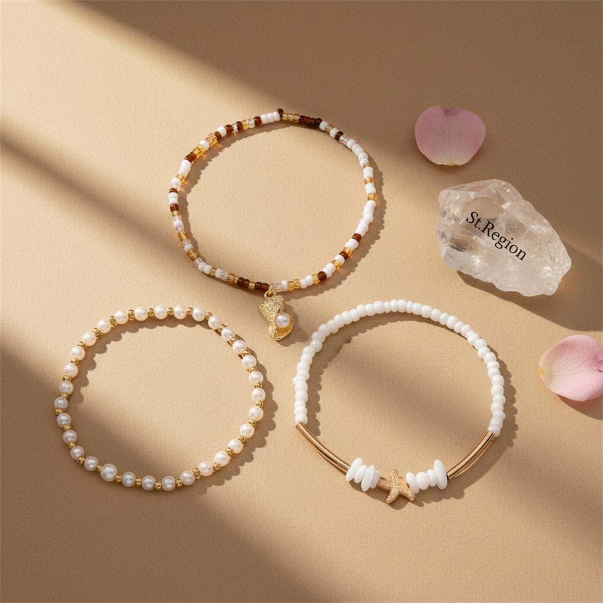 Pearl & Multi-Colored Acrylic Goldtone Curved Bar Stretch Anklet Set