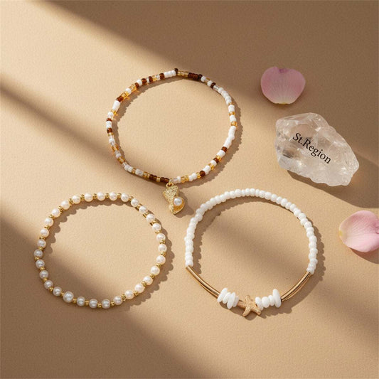 Pearl & Multi-Colored Acrylic Goldtone Curved Bar Stretch Anklet Set