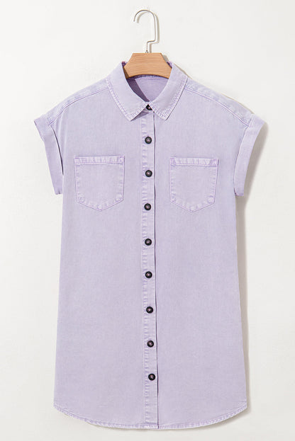 Pink Double Chest Pocket Denim Shirt Dress
