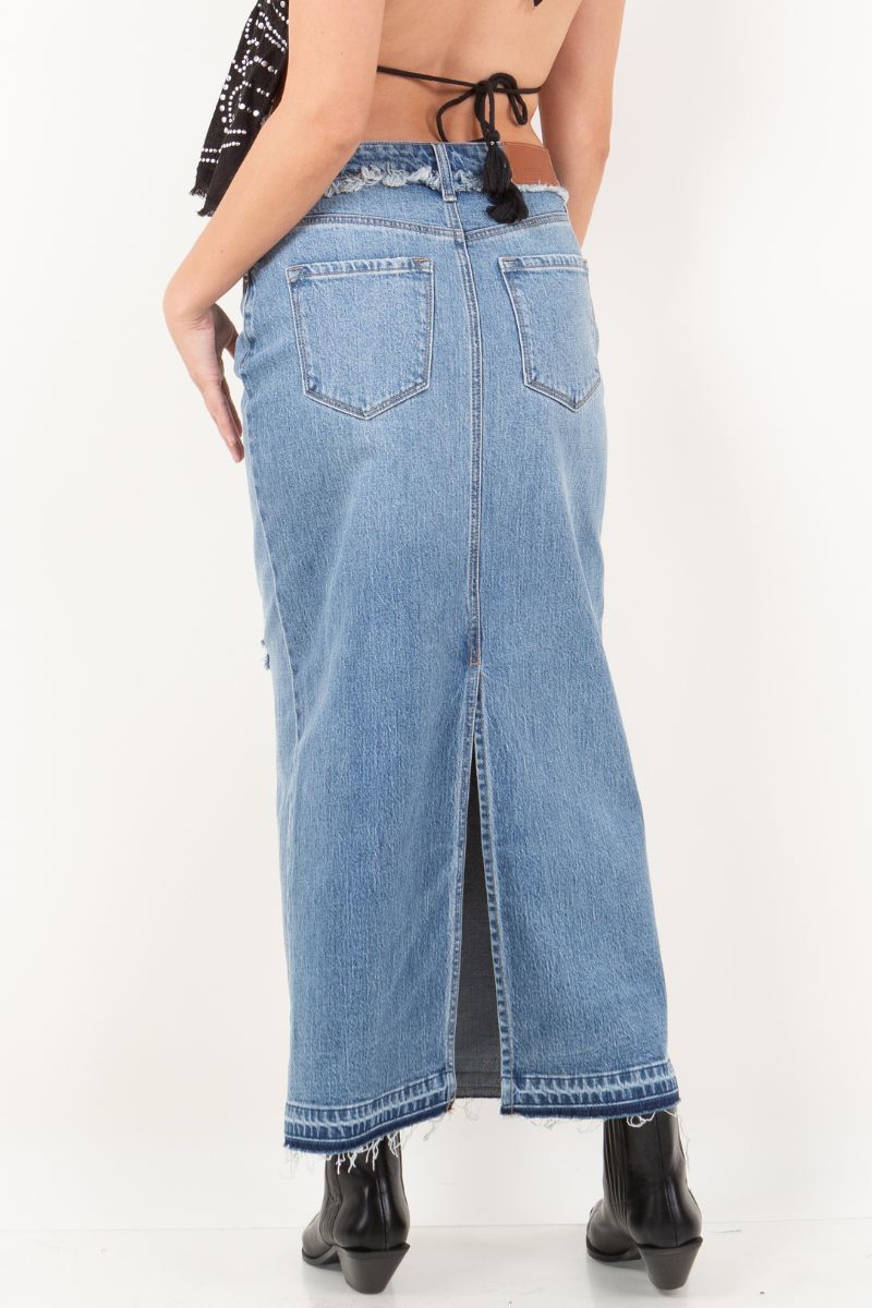 Livia Denim Maxi Skirt Frayed Waistband w/ Slit Detail