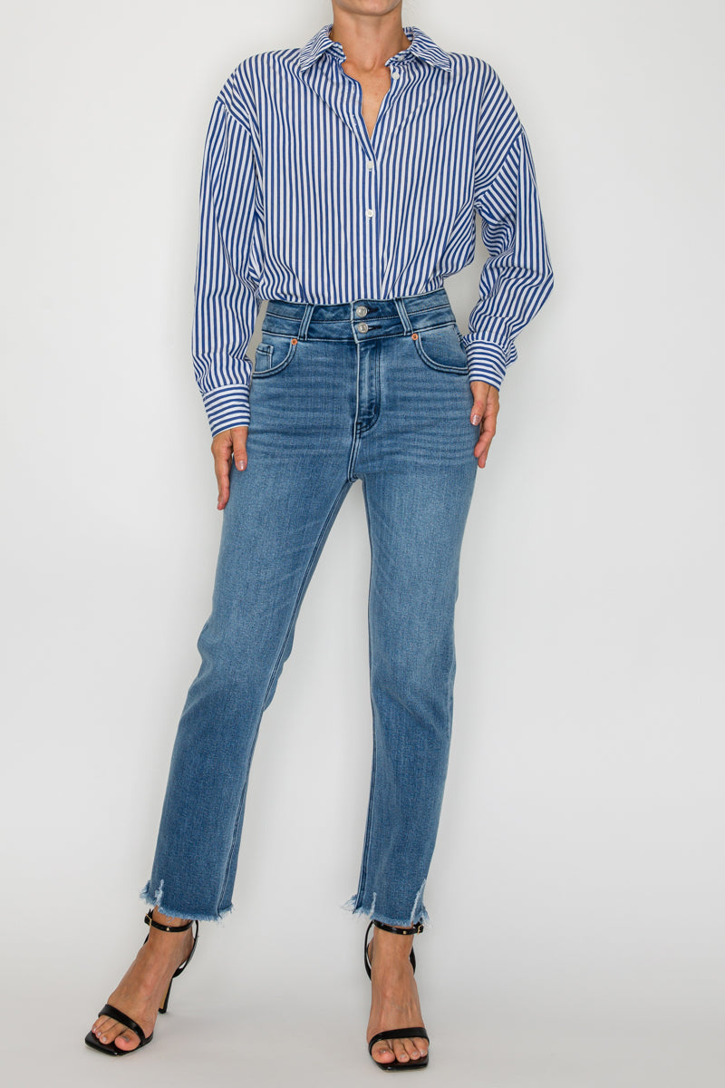 Altitude Heights Corset Double Waistband Straight Frayed Hem Jeans