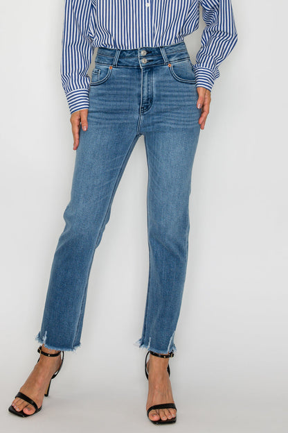 Altitude Heights Corset Double Waistband Straight Frayed Hem Jeans
