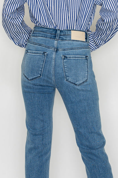 Altitude Heights Corset Double Waistband Straight Frayed Hem Jeans