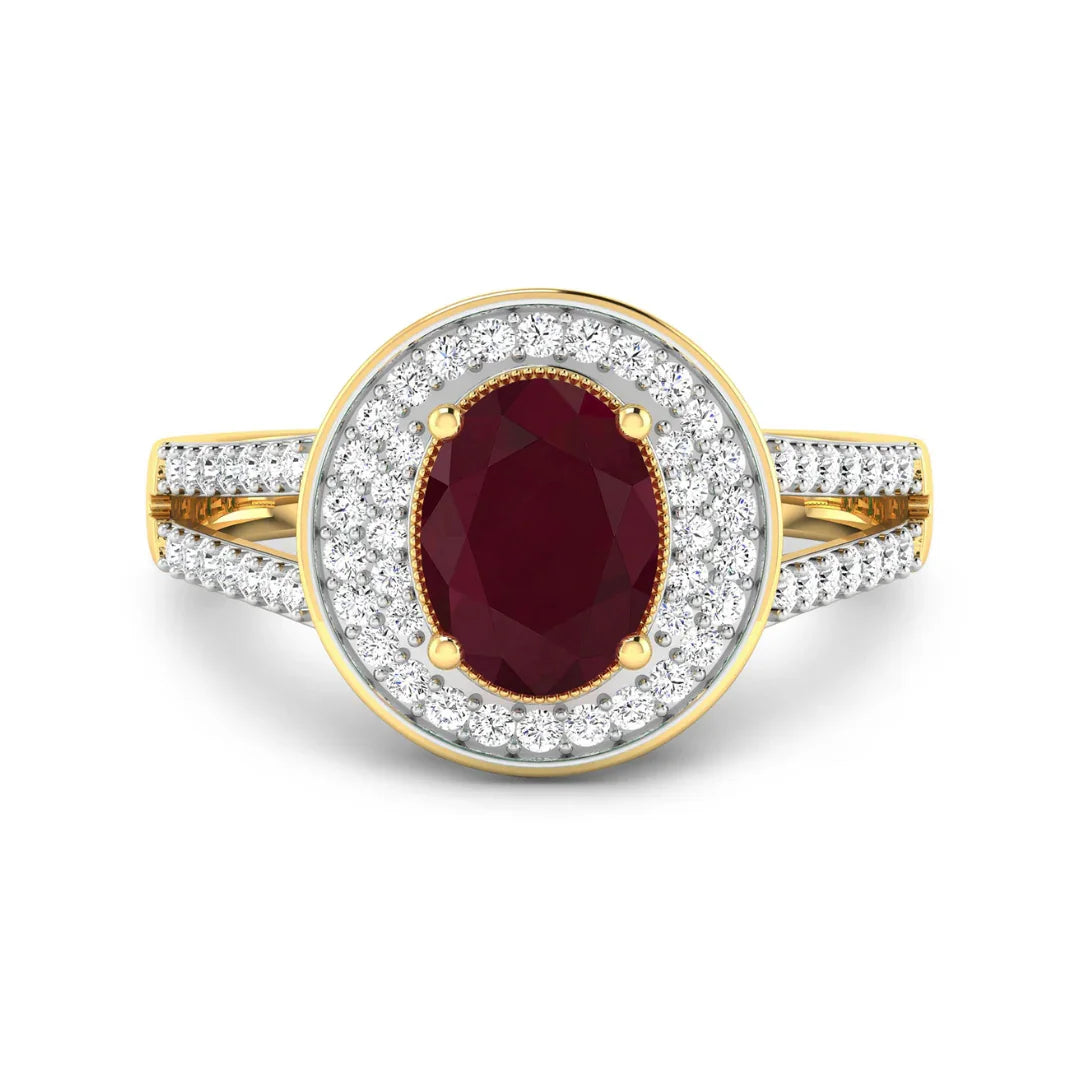 1.84 Ct Oval Cut Pink Ruby and White Diamond Halo Pave Ring