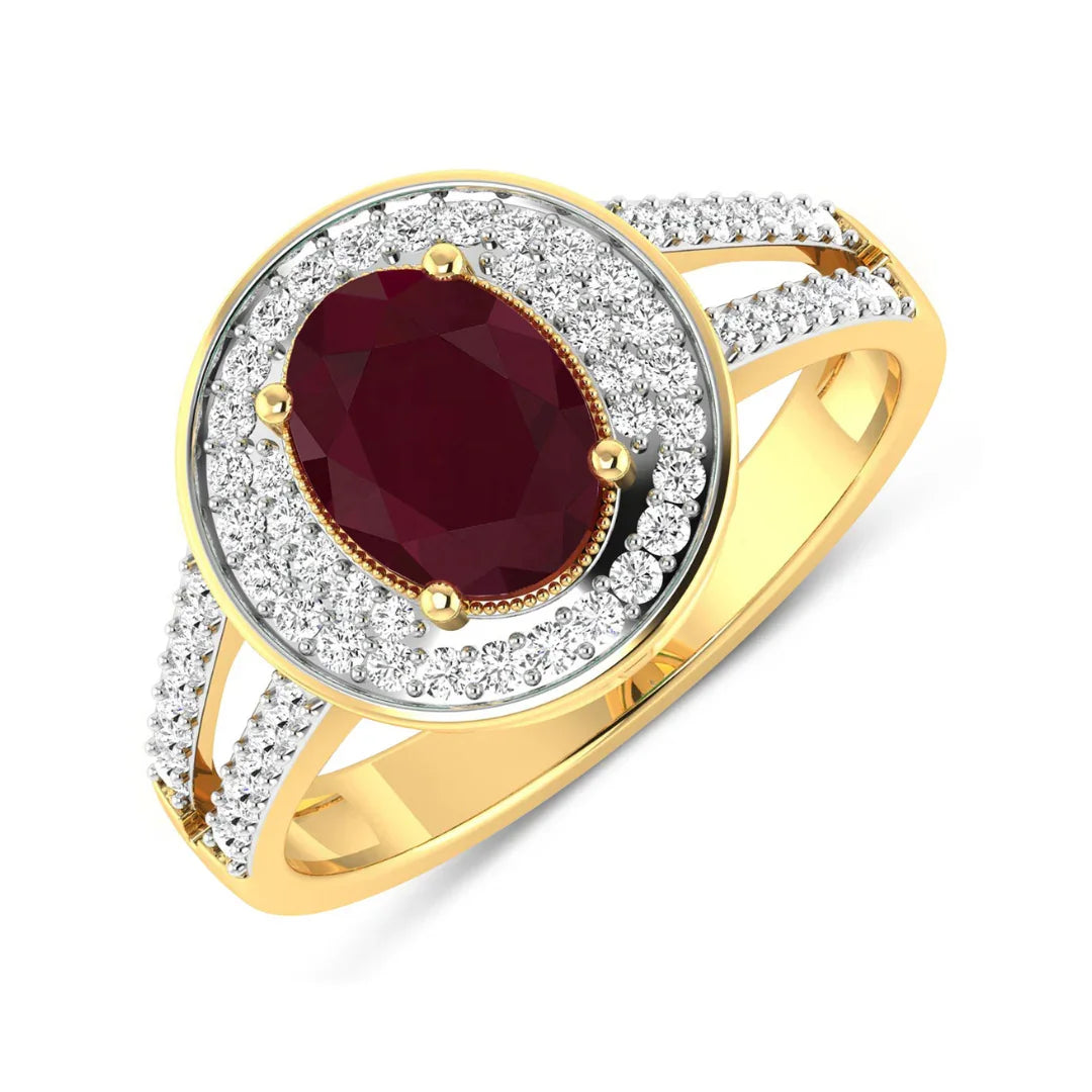 1.84 Ct Oval Cut Pink Ruby and White Diamond Halo Pave Ring