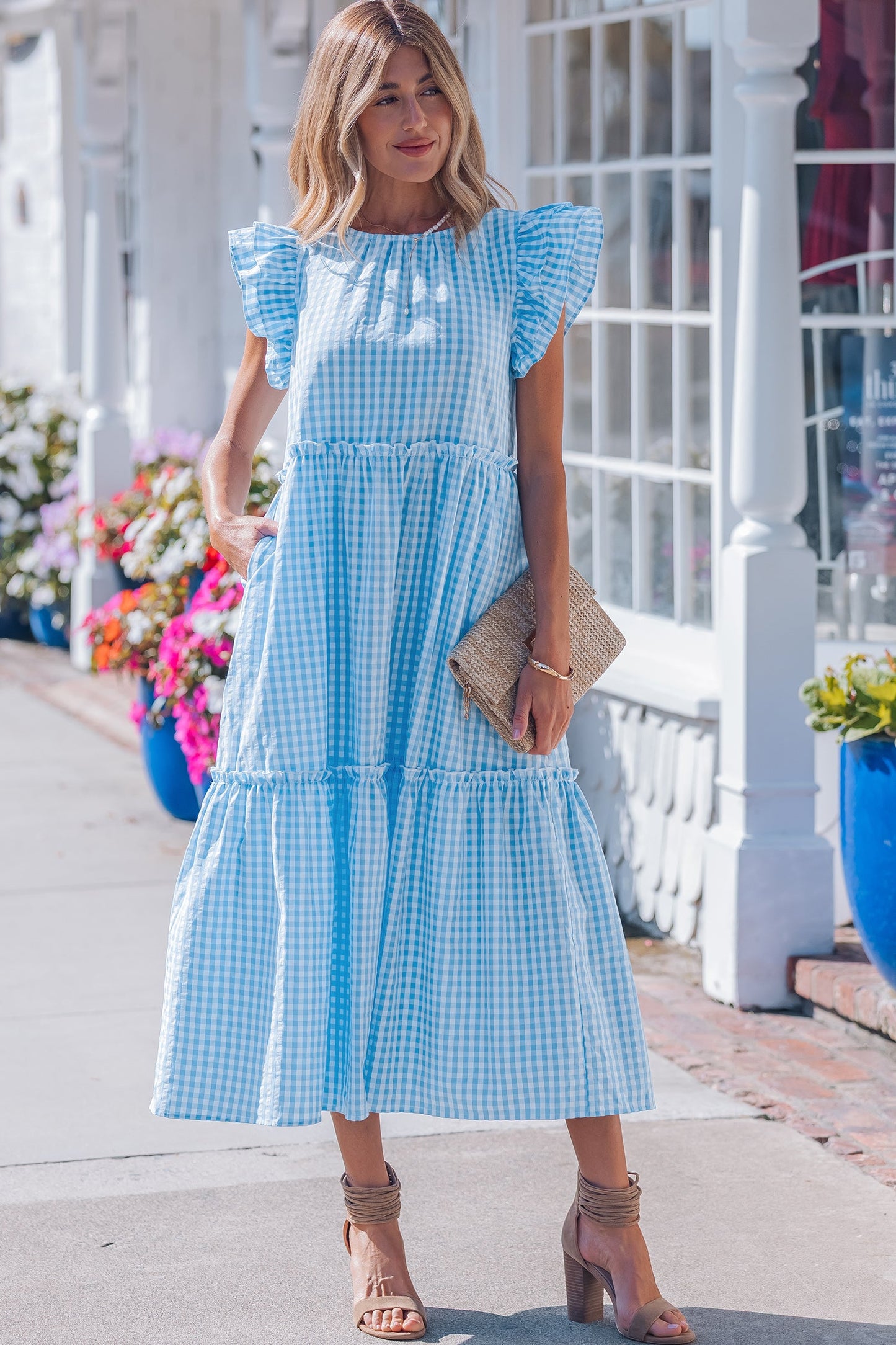 Threaded Pear Deborah Sleeve Gingham Maxi Dress