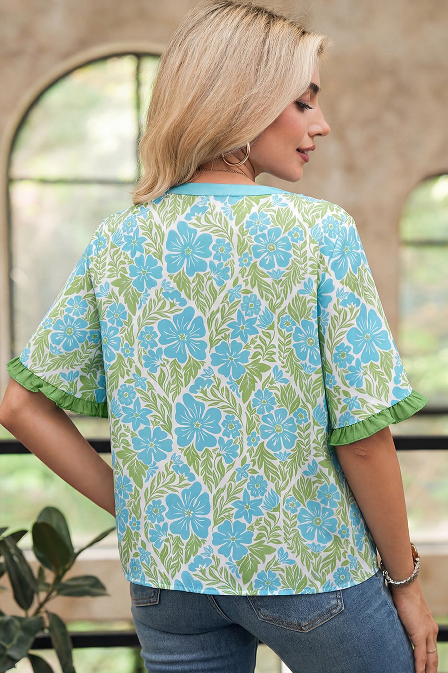 Threaded Pear Waverly Trim Half Sleeve Blouse