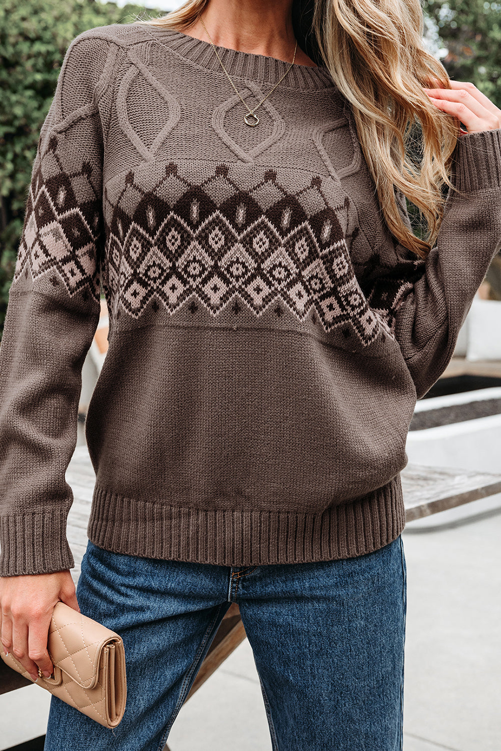 Threaded Pear Alana Western Geometric Patterned Crew Neck Knitted Sweater